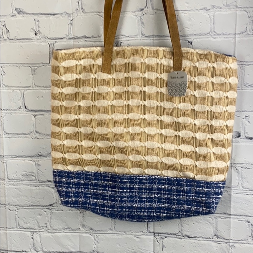 World Market Embroidered Jute , canvas with leather handles Reusable Tote